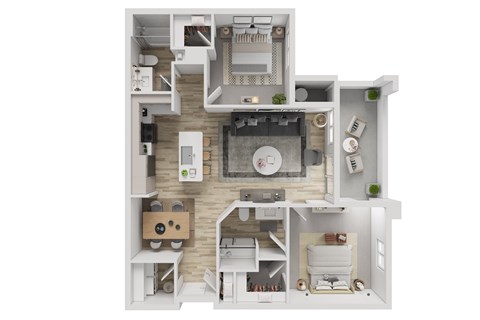 A 3D floor plan of a small apartment with a kitchen, living room, and bathroom.